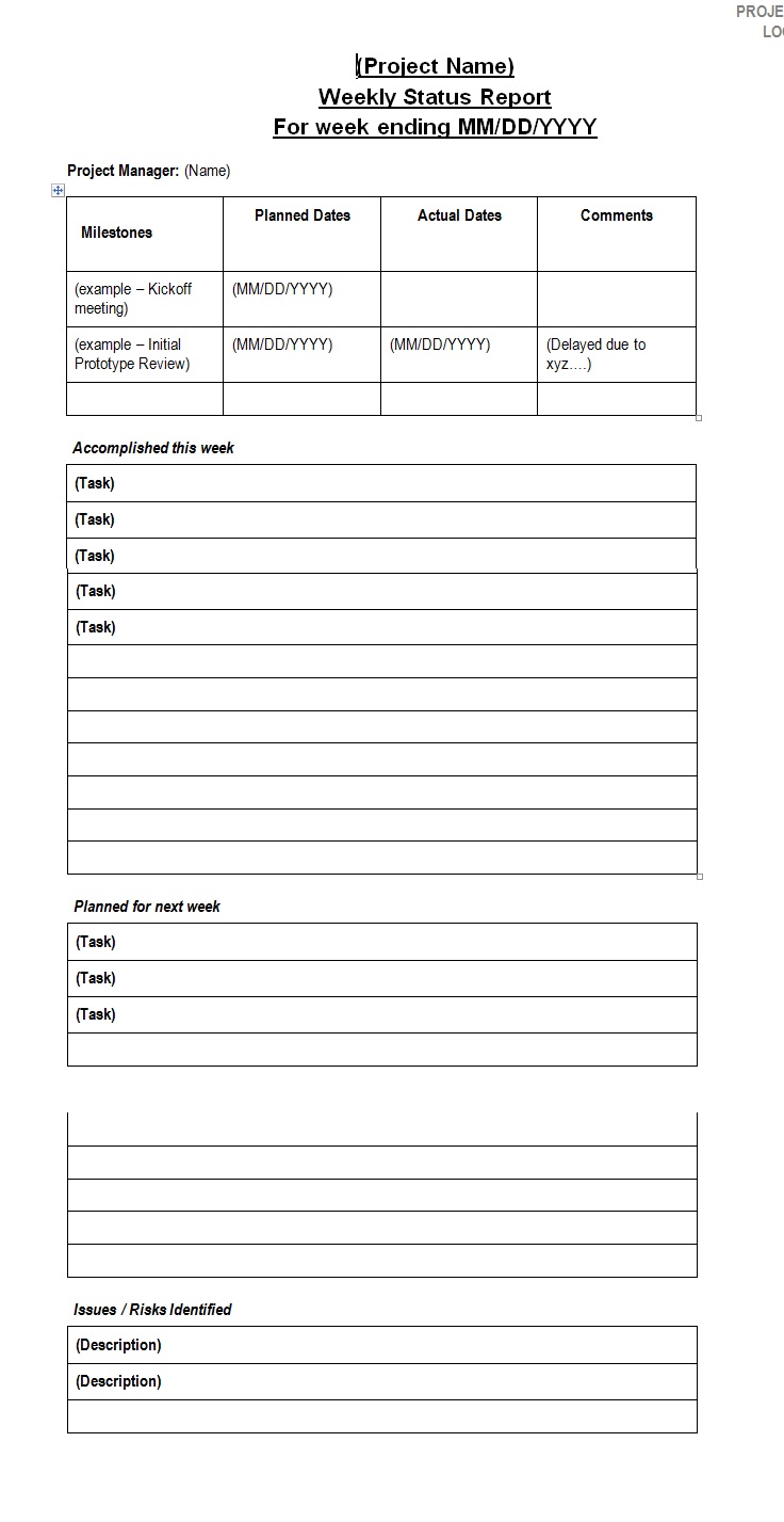 weekly status report template sample weekly status report sample