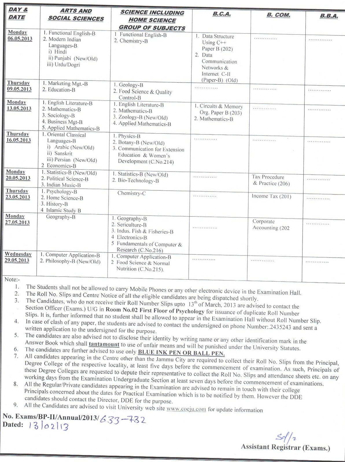Jammu University 2013 Datesheet Ba B Com B Sc Bca Bba Part 2 Students can check the exam schedule on the official website of the du. resultshub net