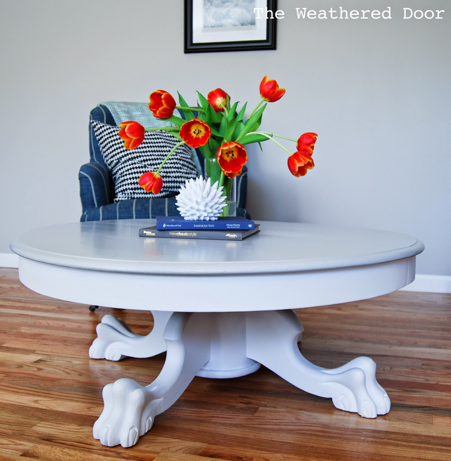 Grey and White Claw Foot Pedestal Coffee Table The Weathered Door