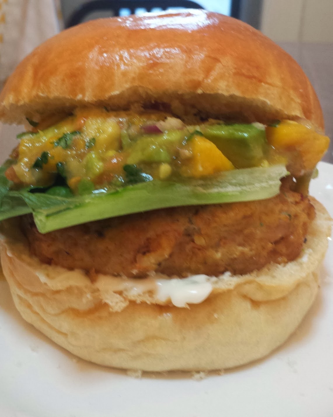 Olive Oil, Onions, and Garlic Curry Chicken Burgers with Mango Avocado Salsa