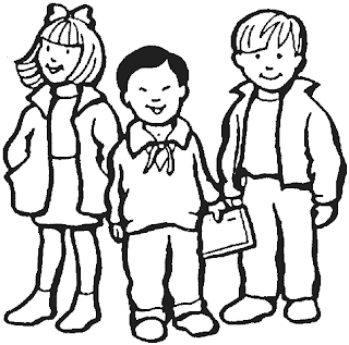 Colorear una niña y dos niños de pie