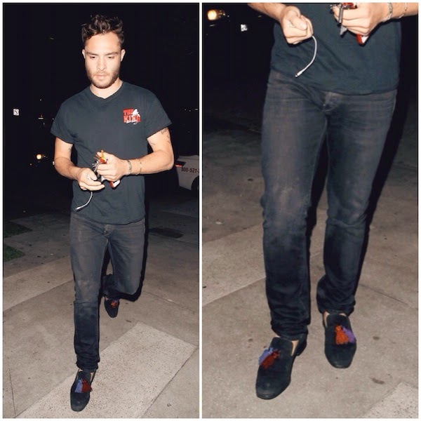 Ed Westwick with Jimmy Choo Foxley blue red tasselled loafers at BOA Steakhouse on 31st july 2014 in West Hollywood California