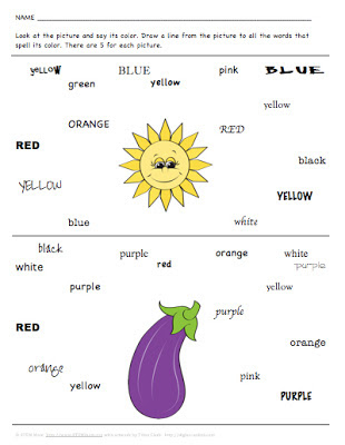 Sample Student Printable page for "Matching color pictures to color words" from STEMmom.org