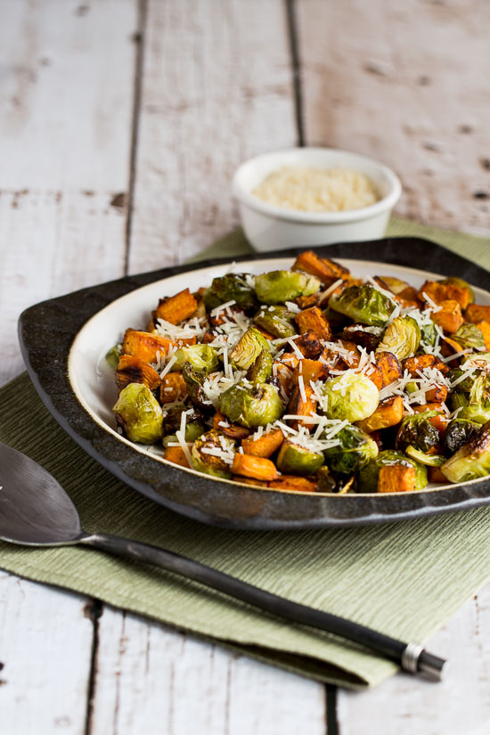 Roasted Sweet Potatoes and Brussels Sprouts with Balsamic and Parmesan ...