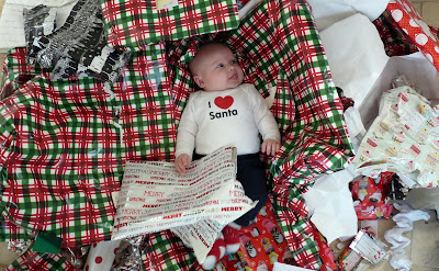 Freddie in the wrapping paper pile