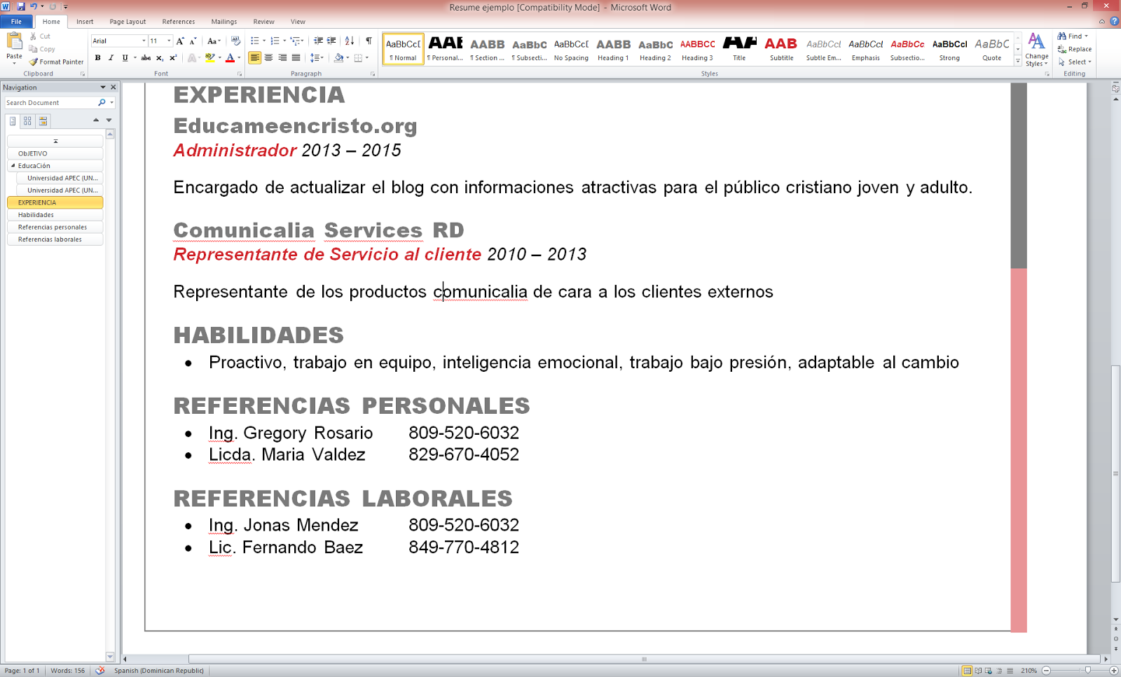 formato de referencia personal word