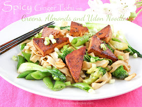 Spicy Ginger Tofu with Greens, Almonds and Udon Noodles