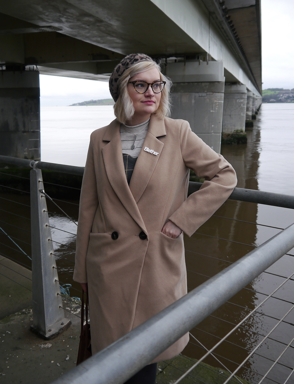 Camel Car Coat from Oasis, as worn by Kimberley from Wardrobe Conversations IOLLA Muir tortoise shell frames, leopard print beret, Blether scots word jewellery from Bonnie Bling, Kerrie Aldo Dundee, 90s pinafore style, Scottish winter style, Scottish fashion blogger, Tay Bridge, Dundee style, what to wear in winter in Scotland, winter coat from Oasis