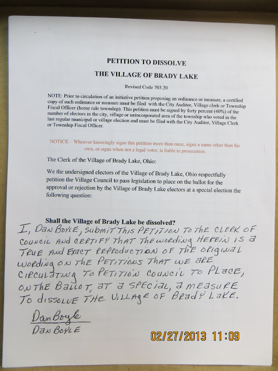 This is the petition to dissolve Brady Lake Village and do something better for the tax payers.