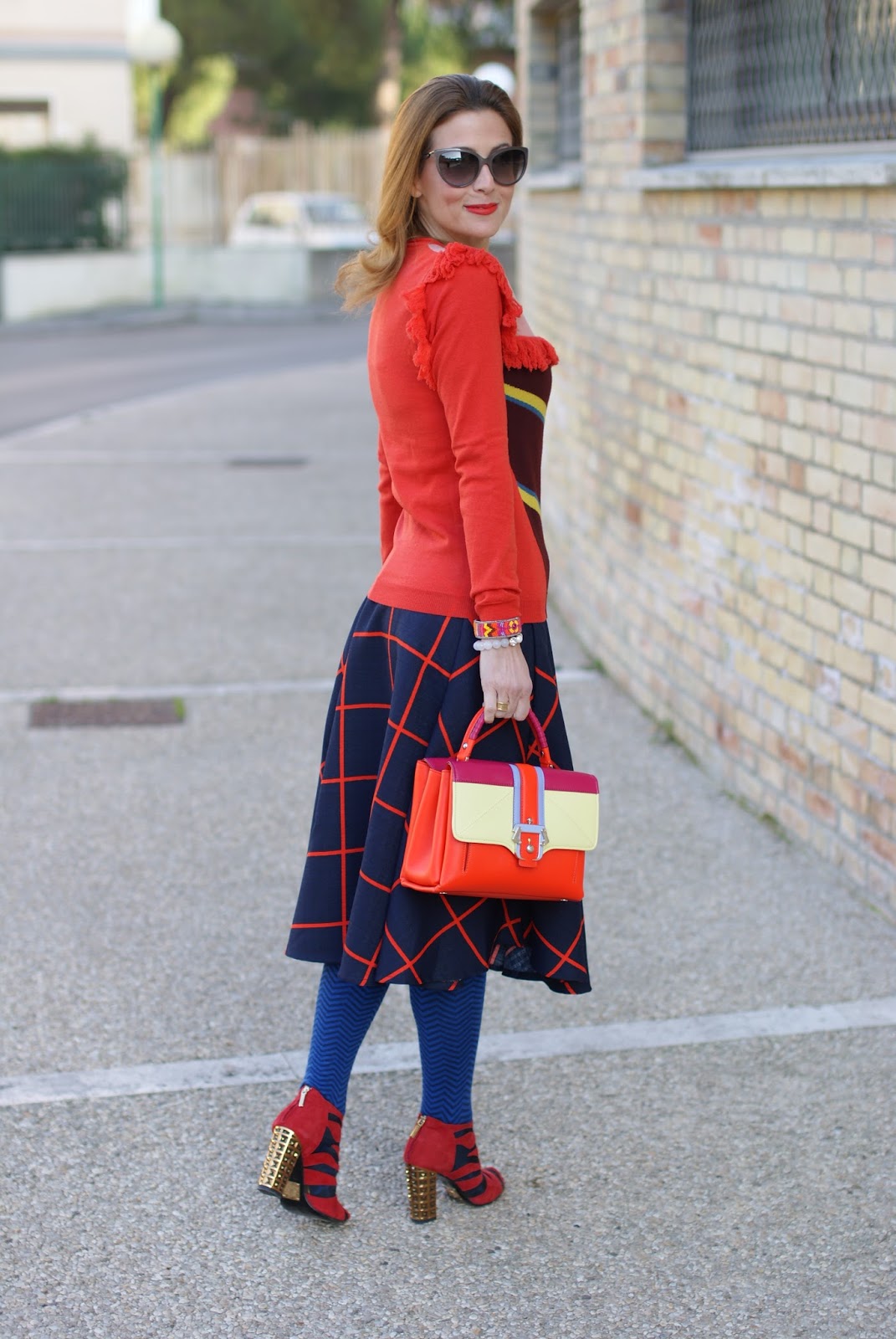 Color block edgy outfit with Choies plaid midi skirt and Roberto Botticelli luxury shoes on Fashion and Cookies fashion blog, fashion blogger style