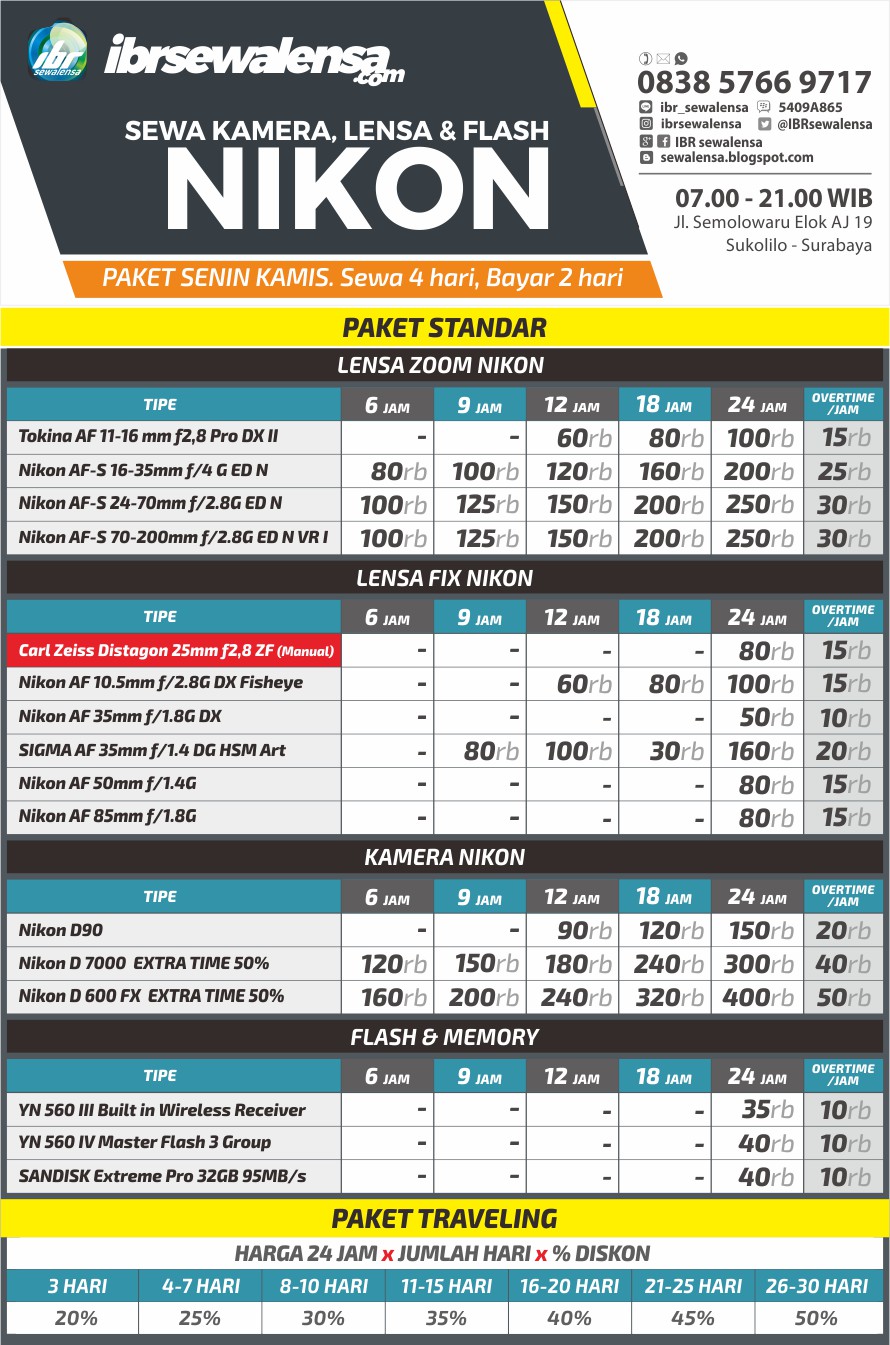 HARGA SEWA LENSA DAN SEWA KAMERA NIKON PAKET STANDART