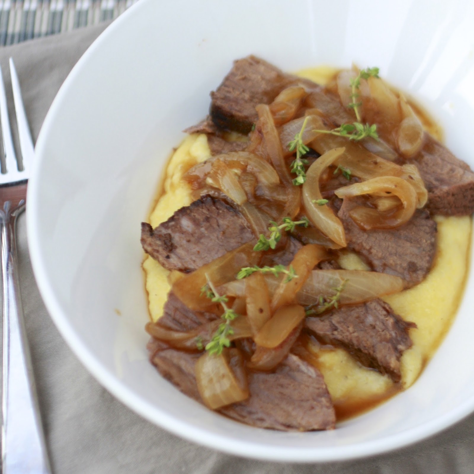 Beer Braised Brisket over Polenta with Onion Jam | The Sweets Life