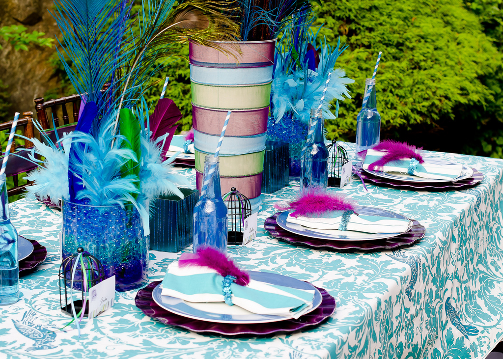 I started with a white and deep turquoise patterned tablecloth