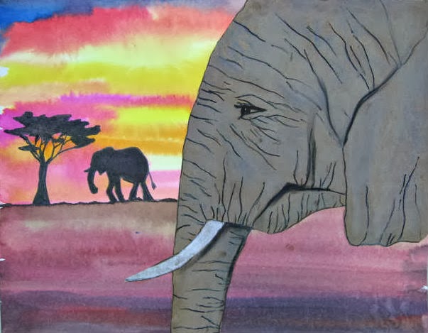 MaryMaking: African Elephants with Watercolor Sunsets