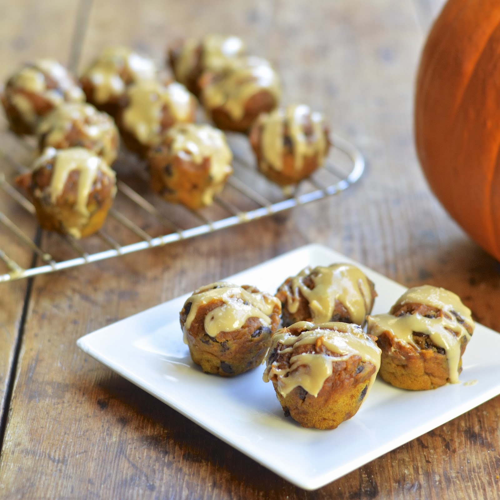 Mini Pumpkin Chocolate Chip Muffins with Salted Caramel Cream Cheese Glaze Virtually Homemade