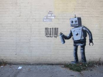 Un graffito di Banksy che raffigura un robot
