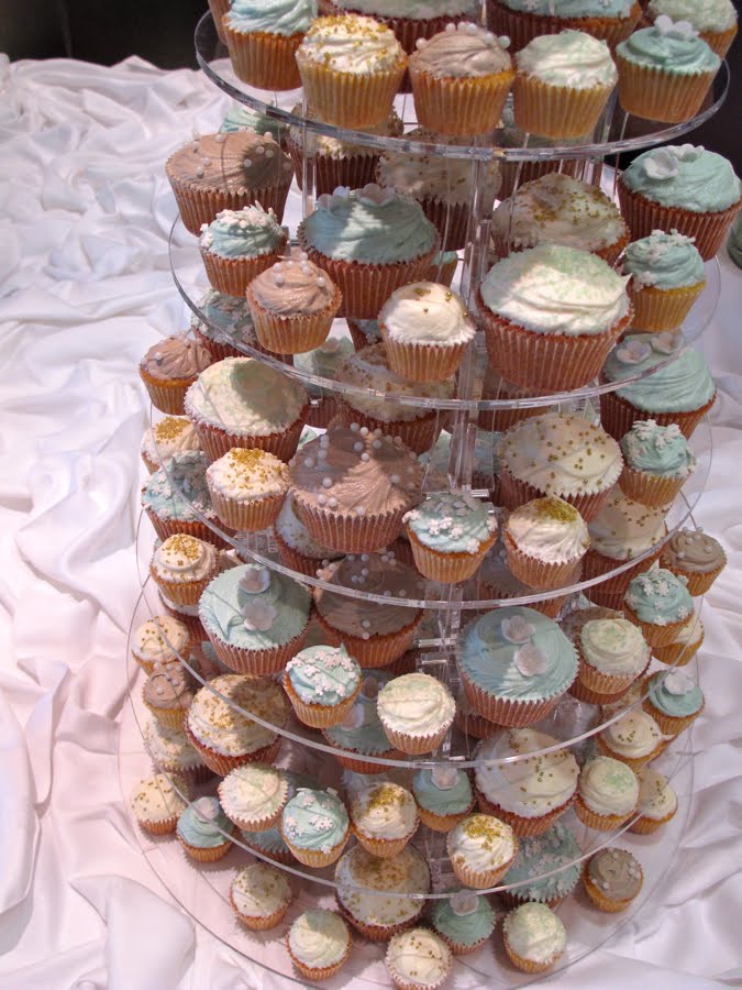 Taupe and light teal wedding tower Here 39s a lovely tower of cupcakes we did