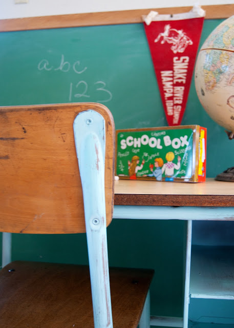 School Desk and Chair Makeover - aqua school desk, globe, pennant, chalkboard