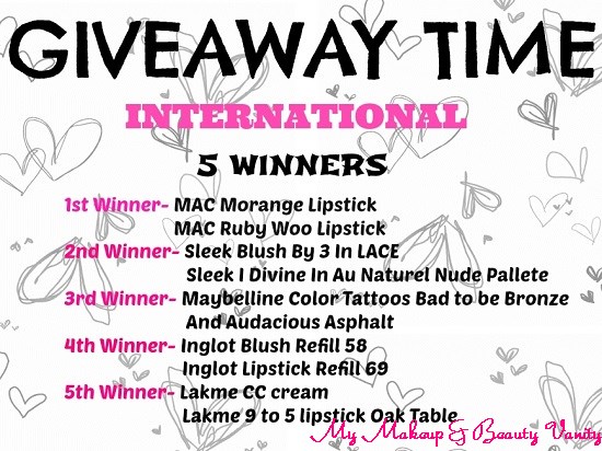 international giveaway, win, contests, makeup and beauty blog, MAC, Sleek, Maybelline, Lakme, Inglot, eyehadows, lipsticks, blush, foundation