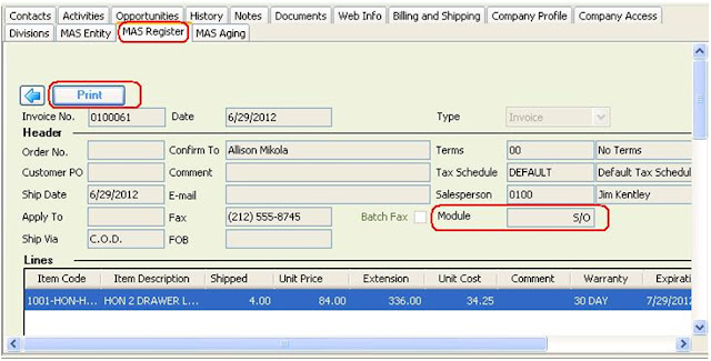 Print Invoice button and the display of the module to which the transaction belongs on the MAS Register