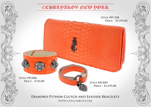 Diamond Python leather clutch and leather bracelet with sterling silver