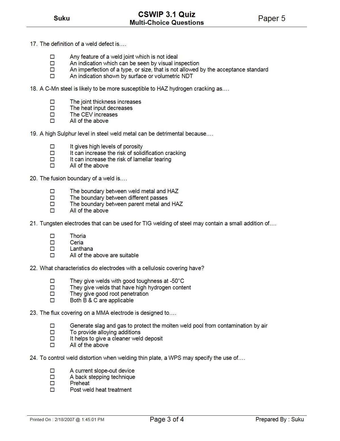 welding technology CSWIP 3.1 & BRIDGING QUESTIONS MODEL