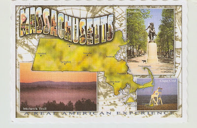 Postcard of Massachusetts featuring photos of Cape Cod, Boston, and Mohawk Trail