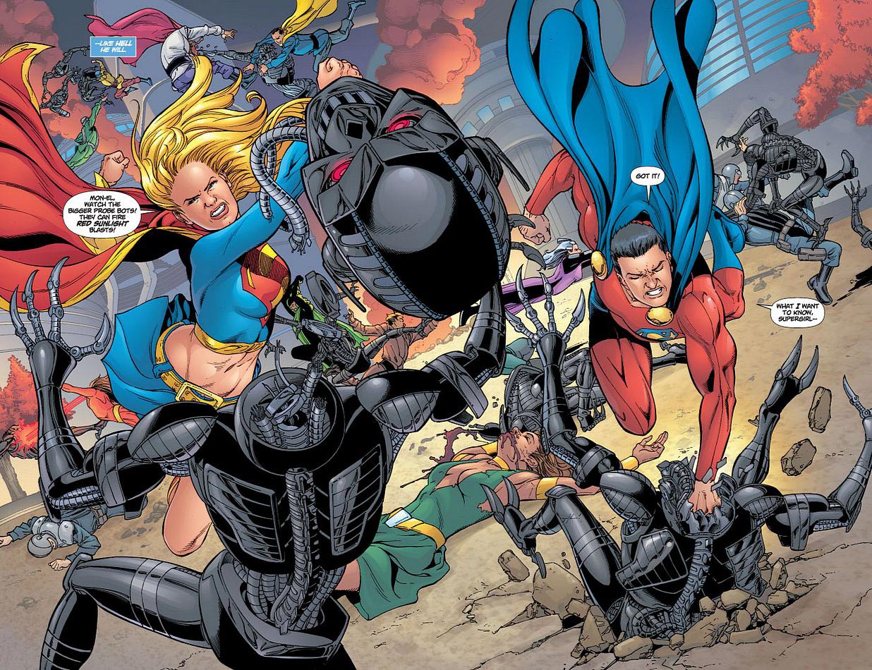 An image of brightly colored comic heros in a fight.