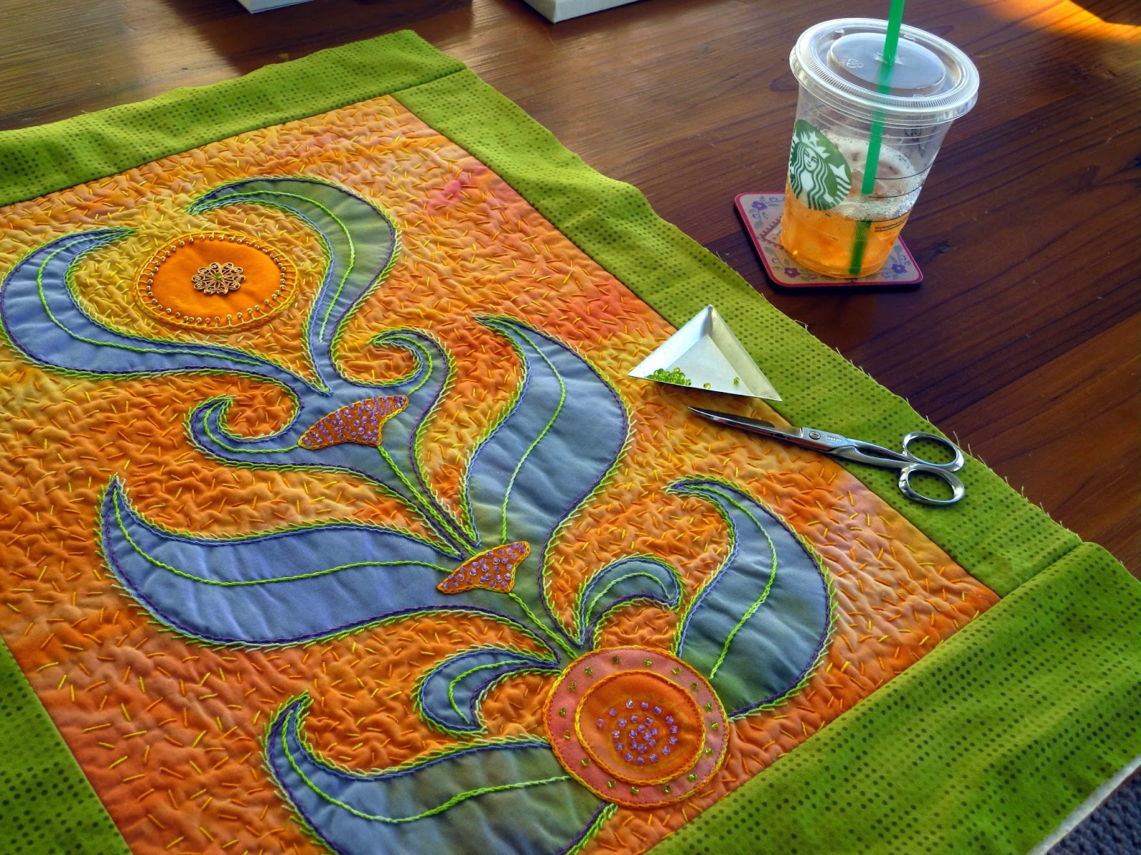 Sherrie loves color! "Yoga mat quilt" and sun!