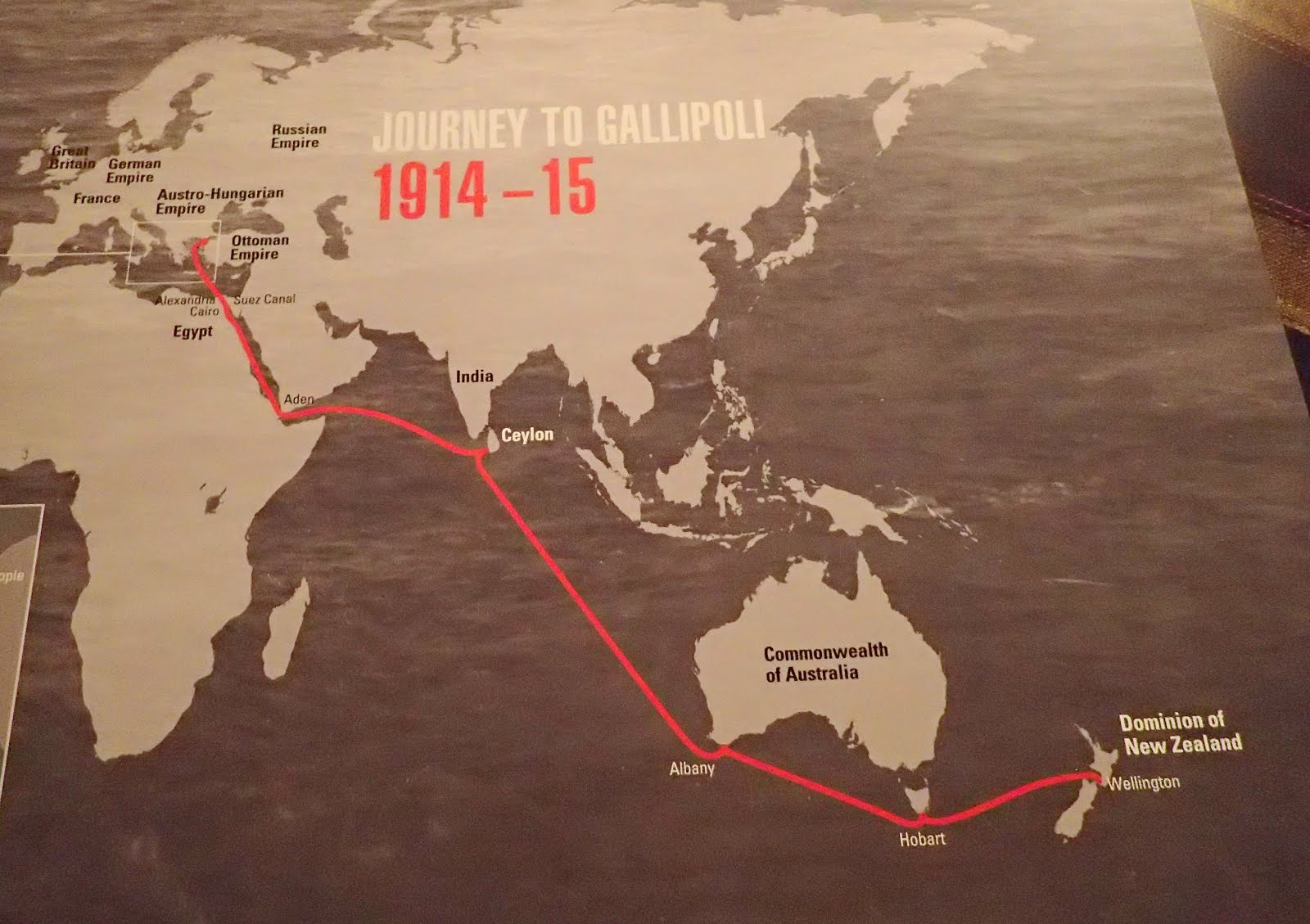 Route of the 1915 ANZAC ships from NZ to Gallipoli