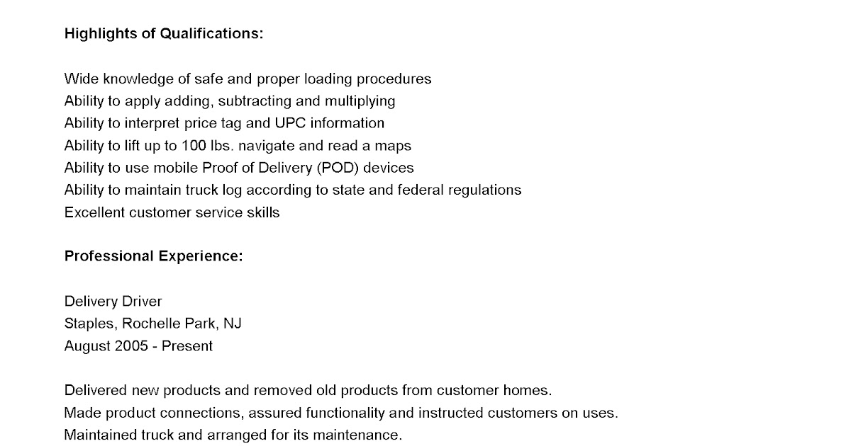 resume for delivery driver