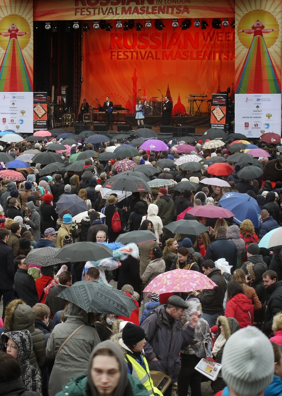 Rain and politics did not keep the crowds of Russian away from Trafalgar Square for Sunday's sixth Maslenitsa festival - but this year's proceedings had a distinct edge. Rain and politics did not keep the crowds of Russian away from Trafalgar Square for Sunday's sixth Maslenitsa festival