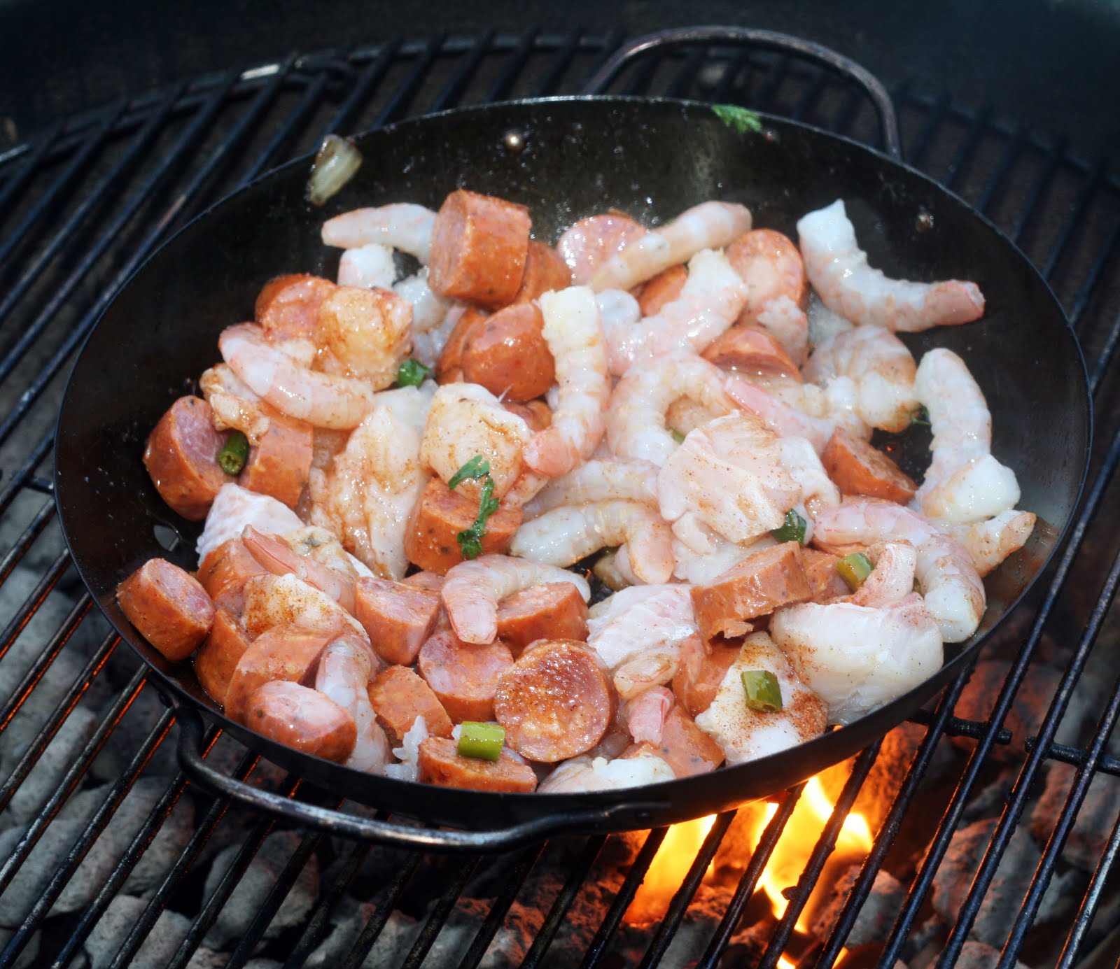 Cajun Inspired Grill With Summer Vegetables, Shrimp, Sausage and Catfish Coconut & Lime
