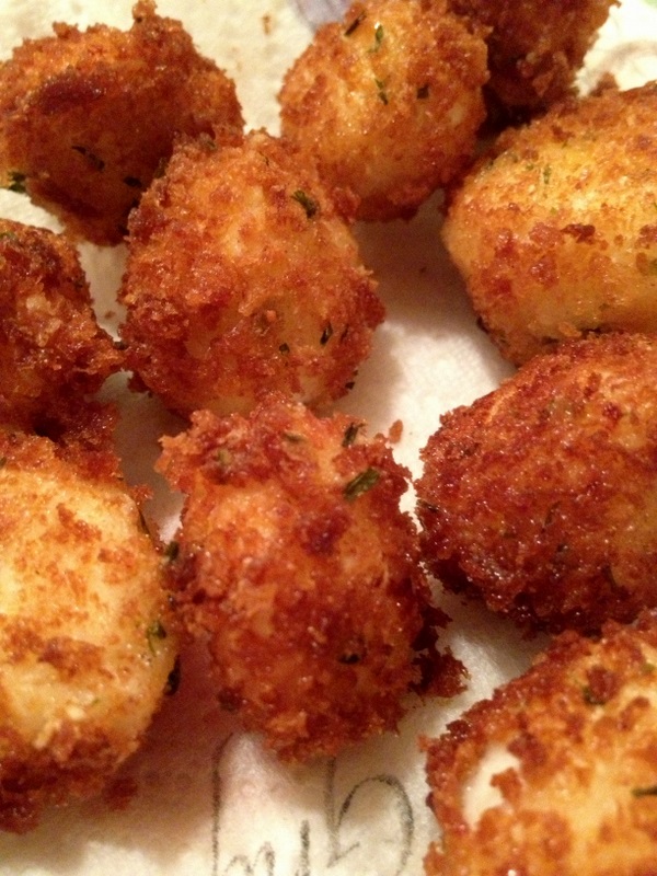 something dayly goat cheese fritters & balsamic marinated strawberry salad
