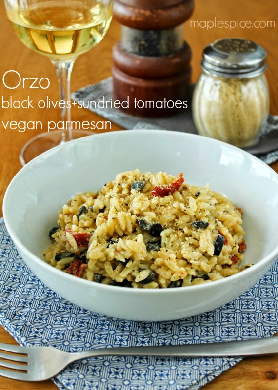 Orzo with Black Olives, Sun-Dried Tomatoes and Vegan Parmesan