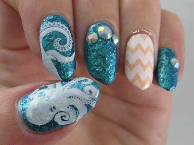 30 Days of Colour Challenge Favorite Brand and Technique Textured Polish Finger Paints Franken Stamping Bundle Monster Iridescent Rhinestones Chevron Peach and Teal Octopus