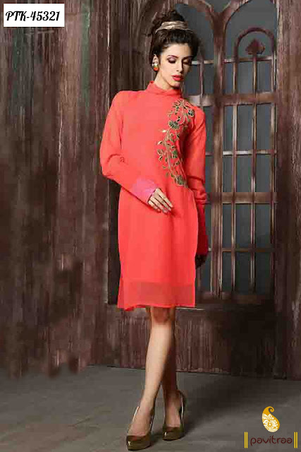 Purchase orange georgette embroidery kurti at lowest price