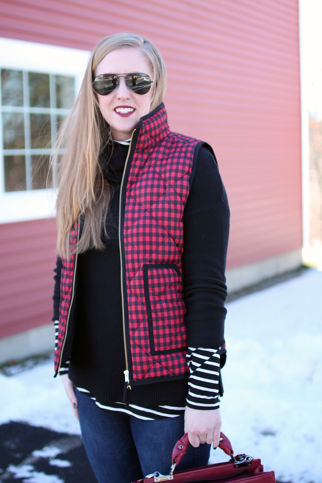 j.crew puffer vest buffalo plaid, boston style blogger, winter layers, red and black buffalo plaid, old navy striped top, black sweater, ray-ban aviators,
