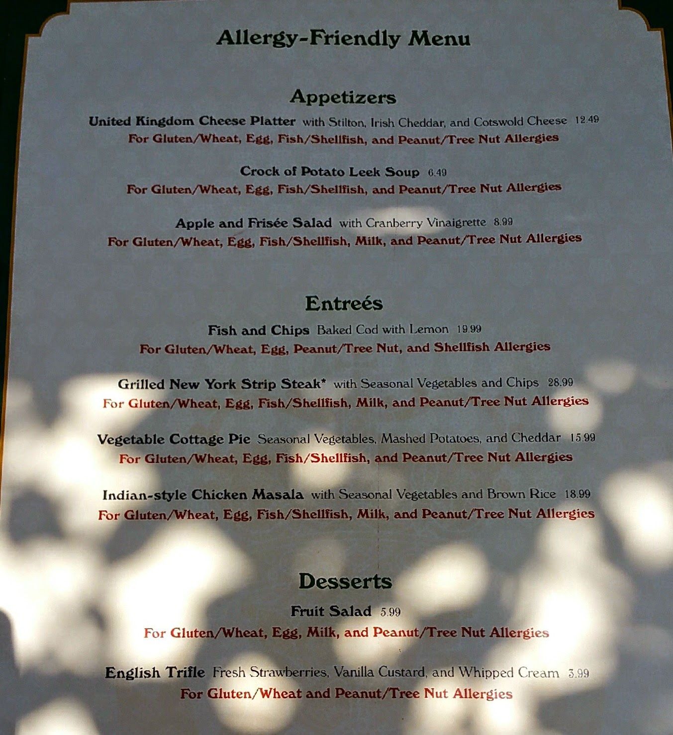Alexis's Gluten Free Adventures Rose & Crown AllergyFriendly Menu Epcot