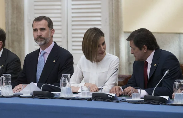 Queen Letizia of Spain and King Felipe VI of Spain attend a meeting with members of 'Princesa de Asturias' foundation at El Pardo Royal Palace