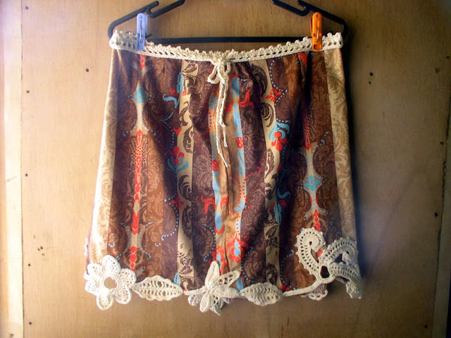 Pillow case fabric and Irish crochet motifs to make a skirt
