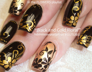 Black and Gold Floral Nail Art