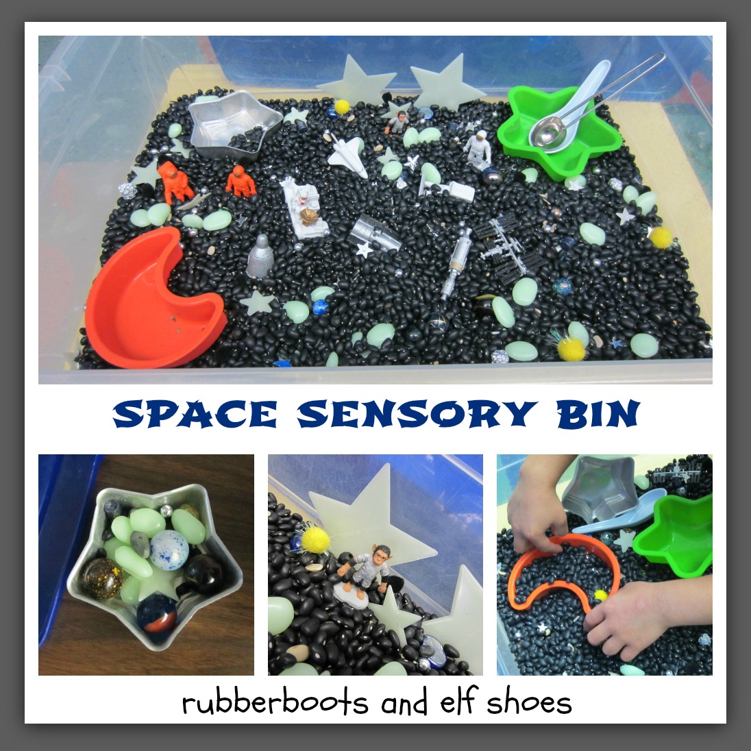 space sensory bin rubber boots and elf shoes
