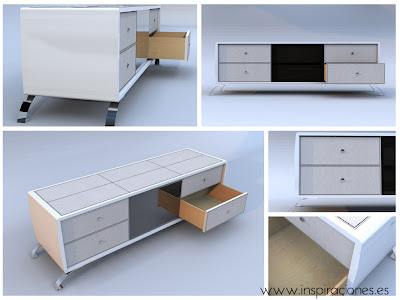 mueble auxiliar diseño retro minimalista para tv madera lacada blanco y cuero blanco