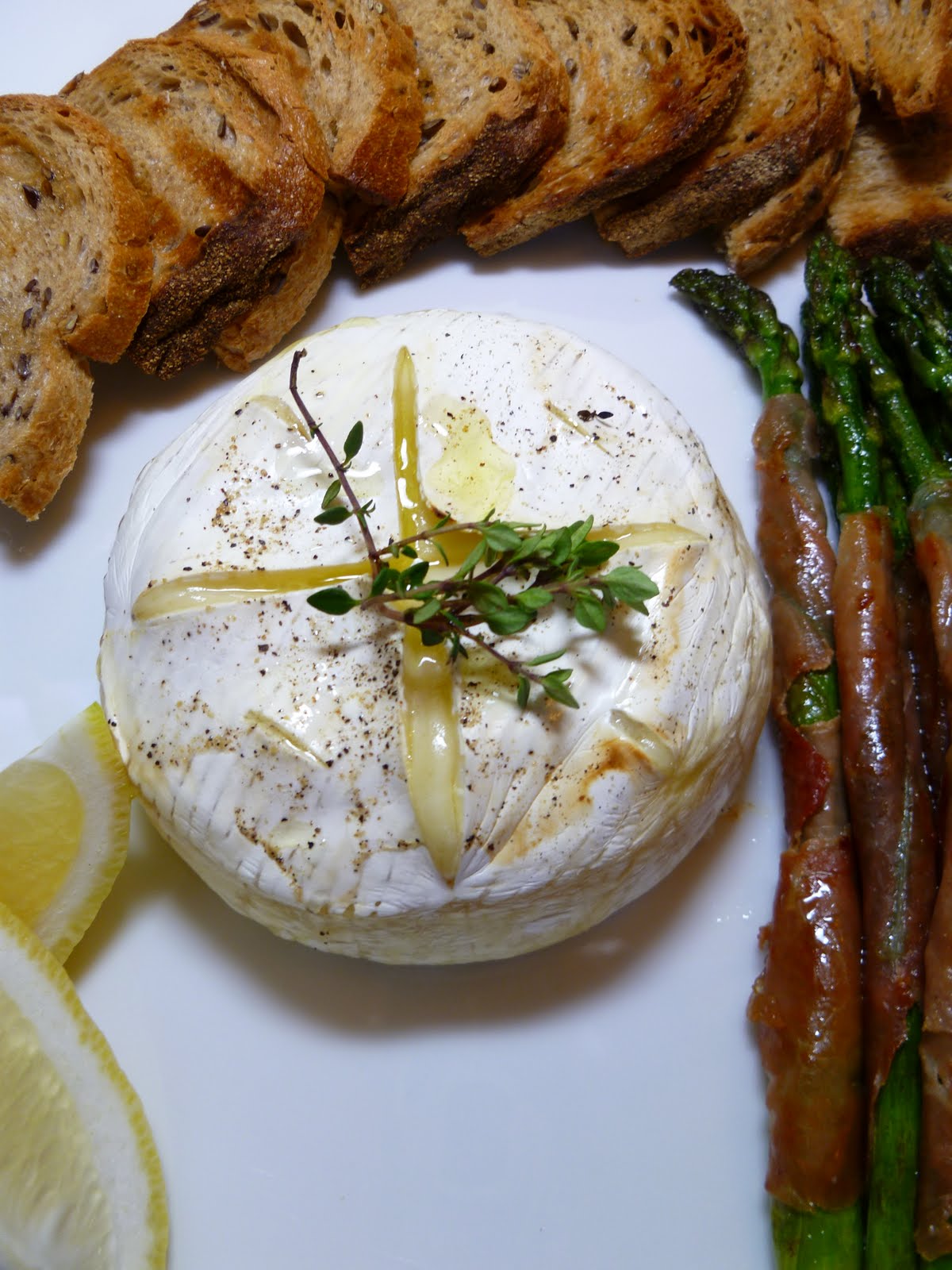 Vanilla Clouds and Lemon Drops Baked Brie with Asparagus & Prosciutto