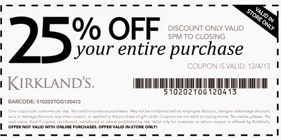 Kirklands discount Kirklands $25 off $75 Printable Coupon. One of the many Kirklands Coupons that are available as printable coupons is the $25 off your purchase of $75 or more at Kirklands.