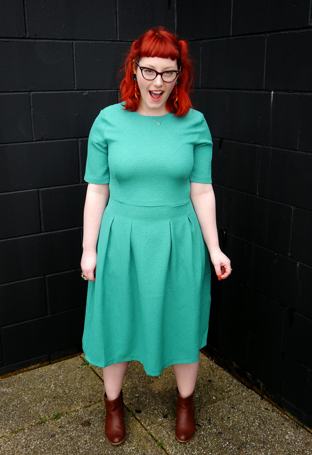 Going Green Glasgow, Girl Gang, Girl Gang Weekender, Glasgow, Clyde side, Scottish Bloggers, Scottish street style, styled by Helen, Creature Feature style, red head, red haired blogger, Lou Taylor ant earrings, H&M green dress, Karen Mabon scarf, Warehouse leopard print coat, vintage suitcase