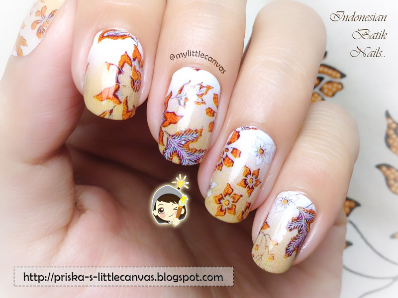 MyLittleCanvas Indonesian Batik Nails White and Tan flowers