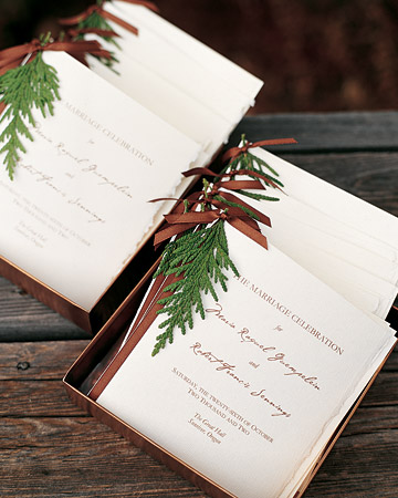 Programs from an Oregon wedding are festooned with cedar twigs and bound by