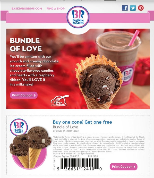 FREE IS MY LIFE COUPON BOGO FREE Baskin Robbins Chocolate Bundle of Love Cones ENDS 2/5
